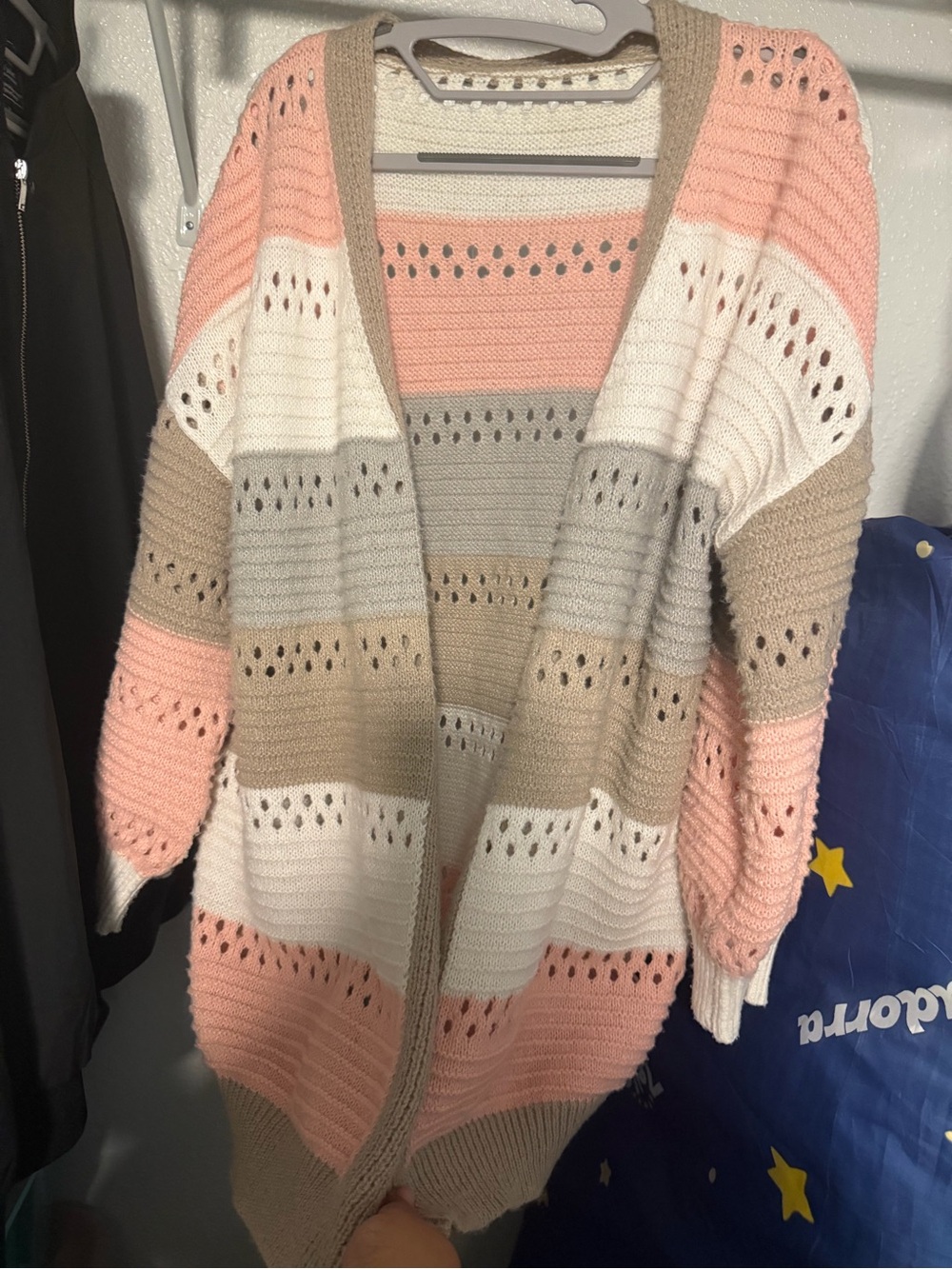 SHEIN Open-Front Striped Knit Cardigan in Pink, White & Tan